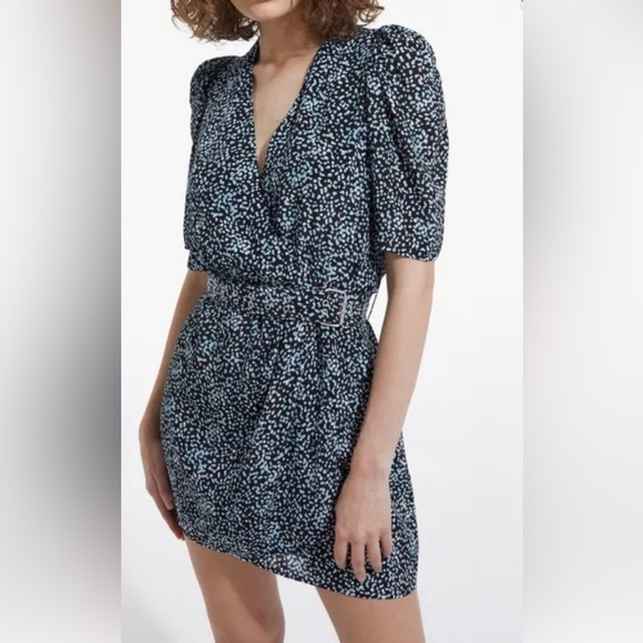 The Kooples Summer Dot Mini Wrap Dress with Light Blue Print and Belt
